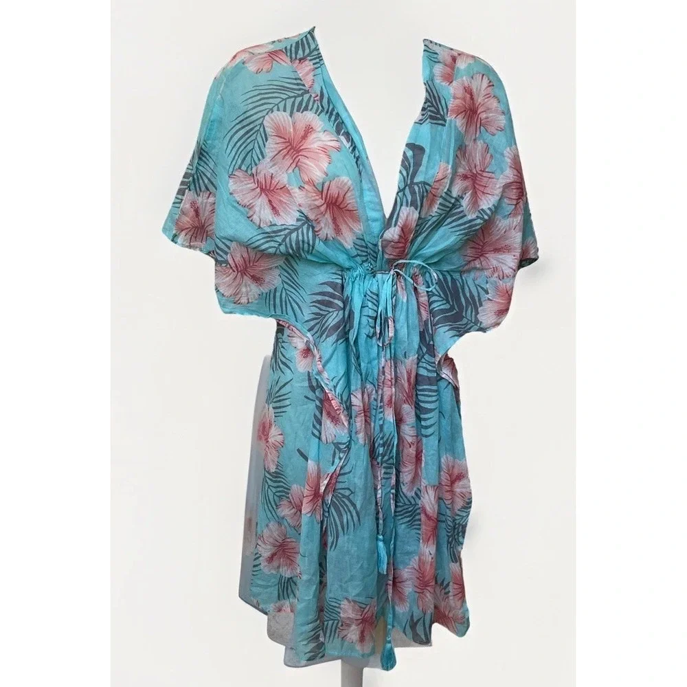 Debbie Katz South Beach Coverup 100% Cotton Tropical Print Flutter Sleeve Resort